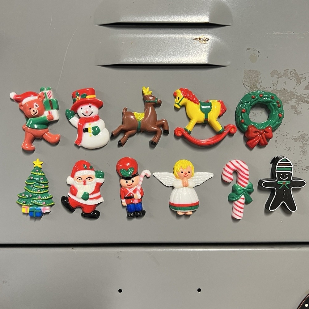 11 Christmas Refrigerator Magnets Figures Santa Tree Toys Circa 1975 Vintage
